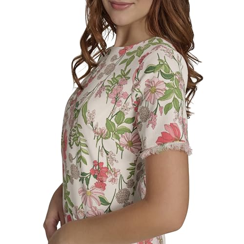 Women's Pleated Trim Short Sleeve High Neck Shift Mini Dress