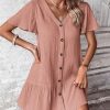 Women's Boho 2025 Summer Mini Dress, Solid Color V-Neck Single-Breasted Dress