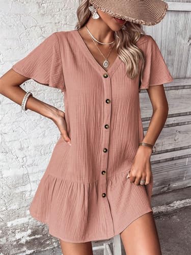 Women's Boho 2025 Summer Mini Dress, Solid Color V-Neck Single-Breasted Dress
