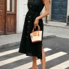 Women's Linen Midi Dress Button Down Shirt Dresses 100% Linen Collar Sleeveless Belt Dress with Pockets