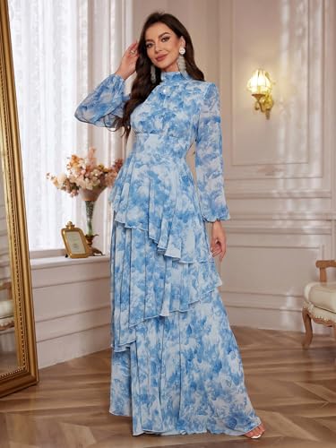 Summer Casual Dresses for Women 2024 Spring Fashion Boho V Neck Long Sleeve Ruffle Floral Print Elegant Maxi Dress