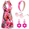 4 Pcs 60s 70s Hippie Costume Women Retro Disco Outfit Groovy Dress Headband Earring Party Sunglasses for Halloween