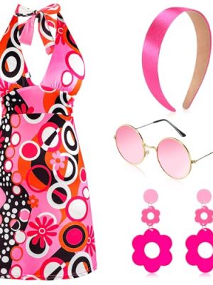 4 Pcs 60s 70s Hippie Costume Women Retro Disco Outfit Groovy Dress Headband Earring Party Sunglasses for Halloween