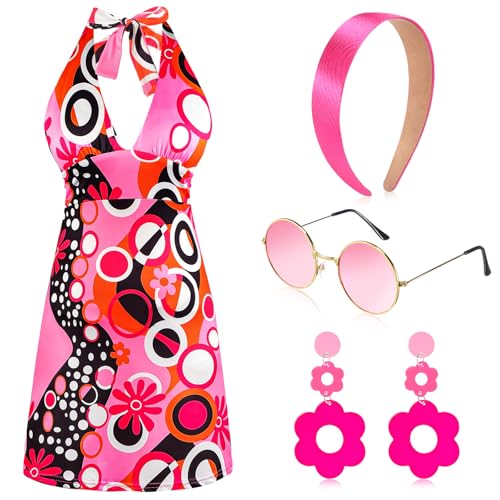 4 Pcs 60s 70s Hippie Costume Women Retro Disco Outfit Groovy Dress Headband Earring Party Sunglasses for Halloween