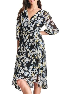Women's Balloon Sleeve Faux Wrap Midi Dress