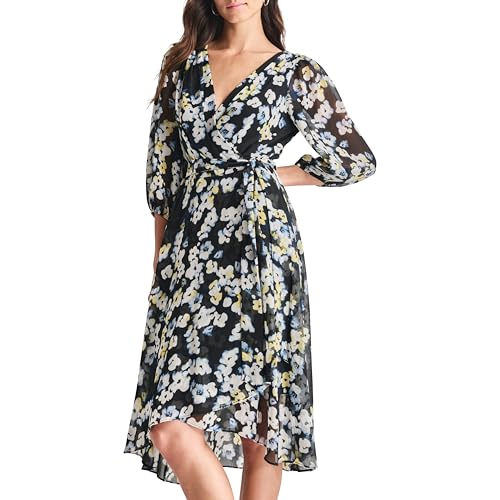 Women's Balloon Sleeve Faux Wrap Midi Dress