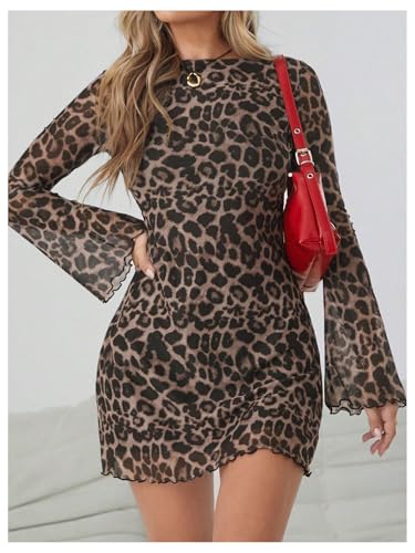 Women's Leopard Print Mini Dress Y2k Bell Long Sleeve Cheetah Short Dresses Going Out