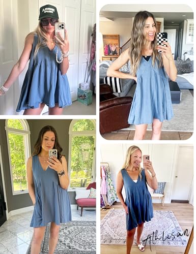 51QP9MJxeKL.jpg Womens Summer Sleeveless Mini Dress Casual Loose V Neck Sundress with Pockets