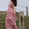 Women's Bohemian Summer Floral Printed Ruffle Pleated Halter Dress Beach Vacation Cute Pink Dresses