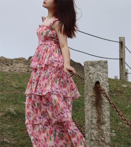 Women's Bohemian Summer Floral Printed Ruffle Pleated Halter Dress Beach Vacation Cute Pink Dresses