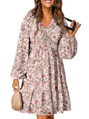 Fall Dresses for Women 2025 Boho Floral V Neck Long Sleeve Smocked Elastic Waist Casual A-Line Mini Dress Sundress