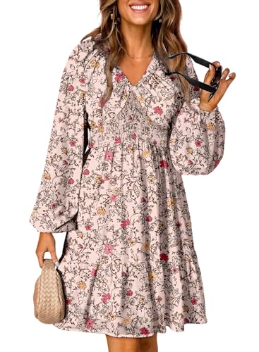 Fall Dresses for Women 2025 Boho Floral V Neck Long Sleeve Smocked Elastic Waist Casual A-Line Mini Dress Sundress