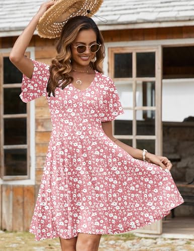 Womens Summer Dress Casual Swing Floral Ruffle Short Sleeve Sundresses Beach Mini A-line Shift Dress 2025 with Pockets