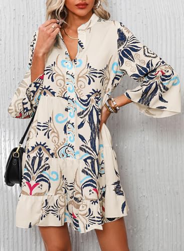 Summer Dresses for Women 2025 Flowy Ruffle 3/4 Sleeve V Neck Tiered Casual Babydoll Boho Beach Mini Dress