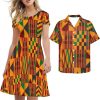 Couple Christmas Shirt and Dress Womens Elegant Short Sleeve Round Neck Cocktail Party Green Xmas Swing Dress