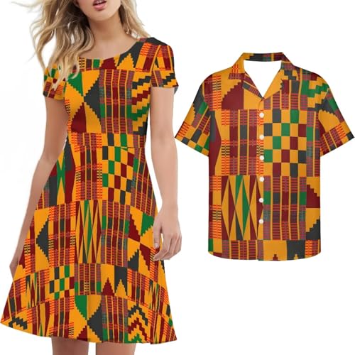 Couple Christmas Shirt and Dress Womens Elegant Short Sleeve Round Neck Cocktail Party Green Xmas Swing Dress