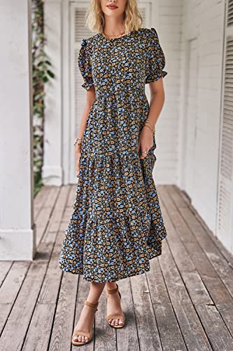 Summer Dresses for Women 2025 Casual Floral Boho Midi Sun Dress Puff Short Sleeve Flowy Beach Vacation Sundress
