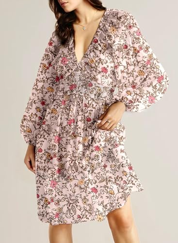 Fall Dresses for Women 2025 Boho Floral V Neck Long Sleeve Smocked Elastic Waist Casual A-Line Mini Dress Sundress