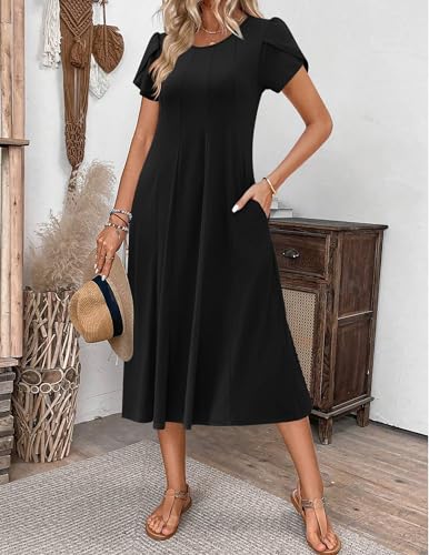 Womens Casual Dresses for Summer Short Sleeve Flare Midi Dress Loose Flowy Beach Sundress