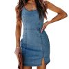 51UaY6hzI4L.jpg Womens Denim Dress Sexy Sleeveless Split Bodycon Mini Tube Jeans Short Dresses