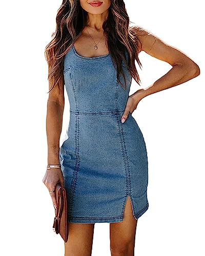 51UaY6hzI4L.jpg Womens Denim Dress Sexy Sleeveless Split Bodycon Mini Tube Jeans Short Dresses
