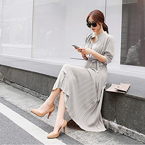 Womens Pleated Long Sleeve Loose Dress Casual Maxi Dresses with Tie Waist