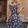 Womens Summer Dress Casual Ruffle Tiered Floral Square Neck Sundresses Beach Boho Mini A-line Dress 2025 with Pockets