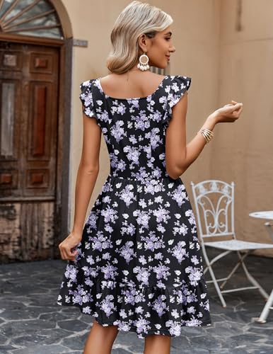 Womens Summer Dress Casual Ruffle Tiered Floral Square Neck Sundresses Beach Boho Mini A-line Dress 2025 with Pockets