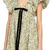 Women's Floral Print Mini Dress V Neck Puff Sleeve Dress Short Babydoll Bow Dress