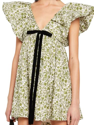 Women's Floral Print Mini Dress V Neck Puff Sleeve Dress Short Babydoll Bow Dress