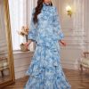 Summer Casual Dresses for Women 2024 Spring Fashion Boho V Neck Long Sleeve Ruffle Floral Print Elegant Maxi Dress