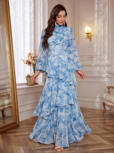 Summer Casual Dresses for Women 2024 Spring Fashion Boho V Neck Long Sleeve Ruffle Floral Print Elegant Maxi Dress
