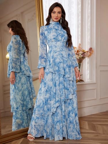 Summer Casual Dresses for Women 2024 Spring Fashion Boho V Neck Long Sleeve Ruffle Floral Print Elegant Maxi Dress