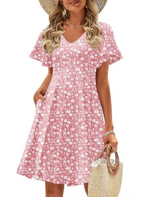 Womens Summer Dress Casual Swing Floral Ruffle Short Sleeve Sundresses Beach Mini A-line Shift Dress 2025 with Pockets