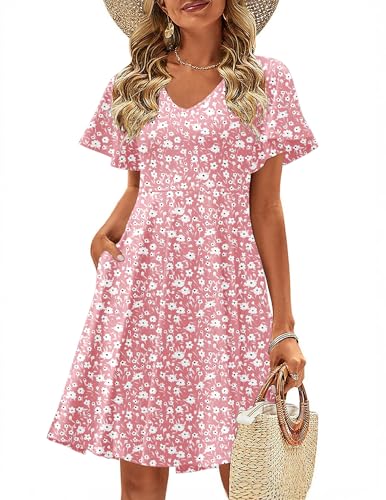 Womens Summer Dress Casual Swing Floral Ruffle Short Sleeve Sundresses Beach Mini A-line Shift Dress 2025 with Pockets