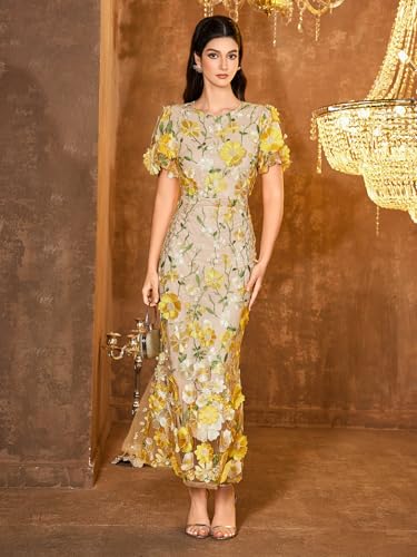 Women's 3D Floral Embroidery Dress Ruffle Sleeve Fishtail Lace Bodycon Party Cocktail Mini Dress