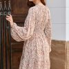 Fall Dresses for Women 2025 Boho Floral V Neck Long Sleeve Smocked Elastic Waist Casual A-Line Mini Dress Sundress
