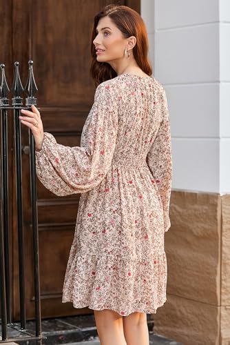 Fall Dresses for Women 2025 Boho Floral V Neck Long Sleeve Smocked Elastic Waist Casual A-Line Mini Dress Sundress