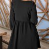 Womens 2025 Casual Dresses Smocked Crewneck Button Up Long Sleeve Empire Waist A-Line Mini Dress