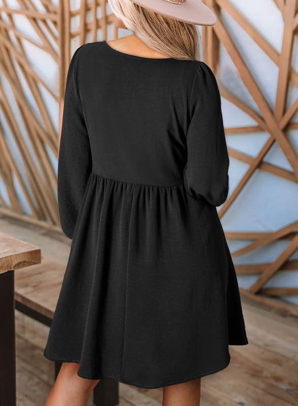Womens 2025 Casual Dresses Smocked Crewneck Button Up Long Sleeve Empire Waist A-Line Mini Dress