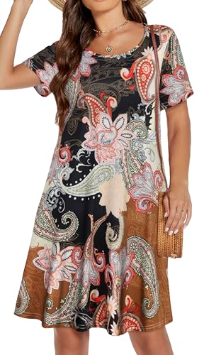 Womens Summer Dresses Beach Casual Loose Tshirt Floral Short Sleeve Flowy Pockets Sundresses