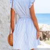 Women's Mini Dress V Neck Flutter Sleeve Striped Smocked Waist A Line Short Summer Cocktail Dress