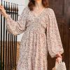 Fall Dresses for Women 2025 Boho Floral V Neck Long Sleeve Smocked Elastic Waist Casual A-Line Mini Dress Sundress
