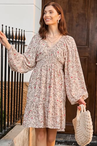 Fall Dresses for Women 2025 Boho Floral V Neck Long Sleeve Smocked Elastic Waist Casual A-Line Mini Dress Sundress