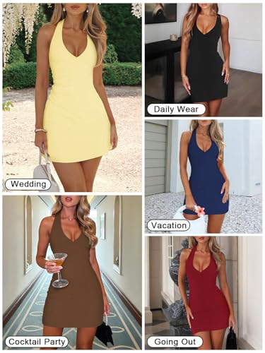Women's Sexy Halter V Neck Mini Dress for Women Summer Slim Fit Going Out Club Party Bodycon Short Dresses