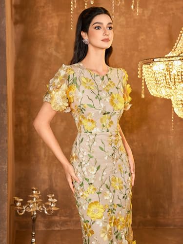 Women's 3D Floral Embroidery Dress Ruffle Sleeve Fishtail Lace Bodycon Party Cocktail Mini Dress