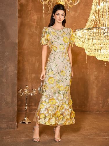 Women's 3D Floral Embroidery Dress Ruffle Sleeve Fishtail Lace Bodycon Party Cocktail Mini Dress