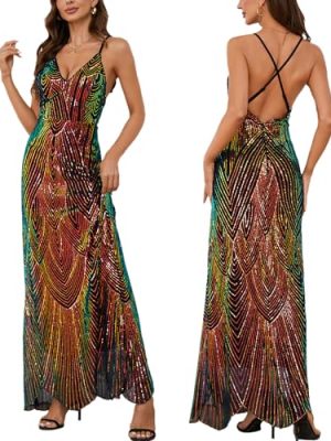 Women's V Neck Spaghetti Straps Sequin Sparkly Glitter Irregular Hem Prom Dress Bcakless Maxi Evening Gowns