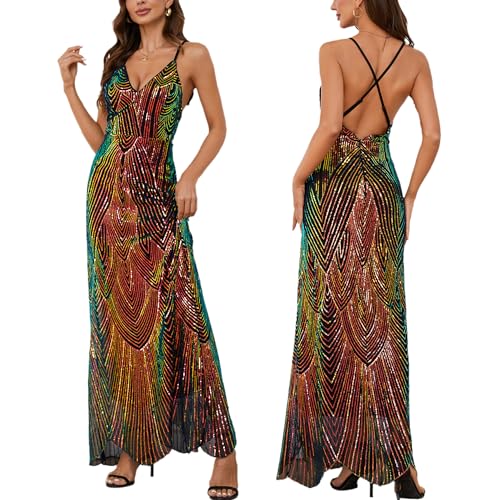 Women's V Neck Spaghetti Straps Sequin Sparkly Glitter Irregular Hem Prom Dress Bcakless Maxi Evening Gowns