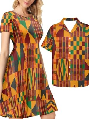 Couple Christmas Shirt and Dress Womens Elegant Short Sleeve Round Neck Cocktail Party Green Xmas Swing Dress